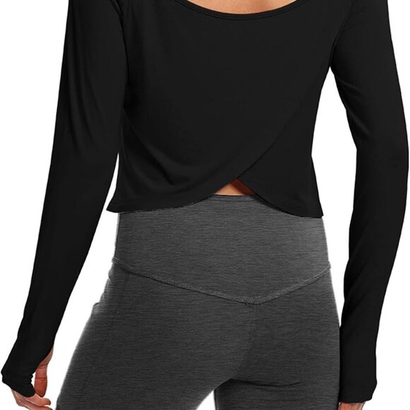 Black women's long sleeve breathable open back yoga top, lightweight, stretchy, - Picture 3 of 5